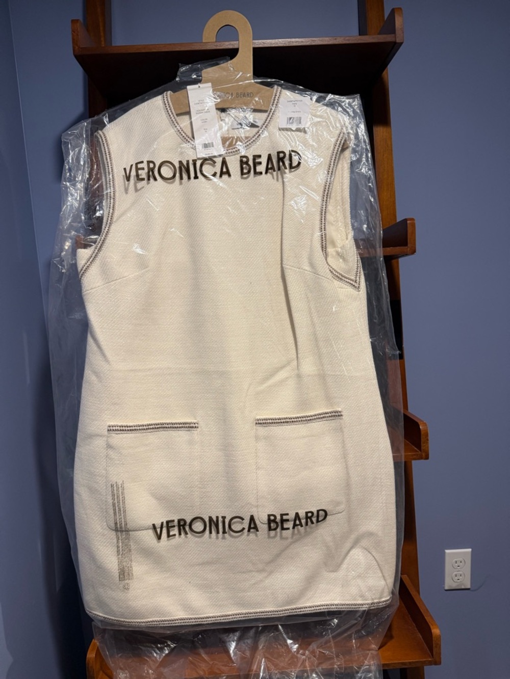 Veronica Beard Ivory Ravena Sleeveless Shift Dress with Contrast Trim